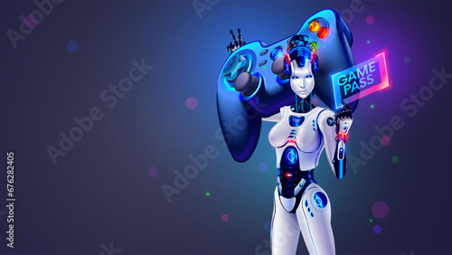 Beautiful cyborg woman holds on her shoulder huge gamepad, game pass for computer video games, digital entertainment. Female robot with large controller for gaming consoles on gamers poster or banner.