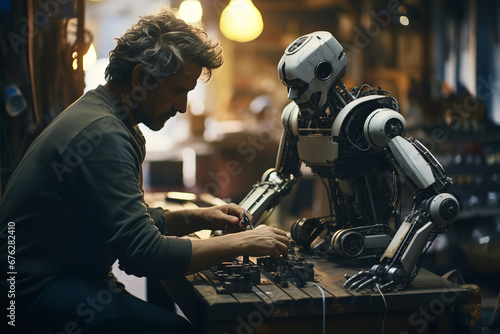 In a bustling repair shop  technicians exhibit their prowess  mending and enhancing diverse robot models   signifying the evolution of maintenance in the robotic era.