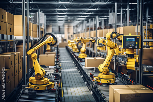 A vast warehouse vibrates with activity as robotic arms streamline the sorting and packaging of goods, destined for global distribution, 
exemplifying modern logistics. photo