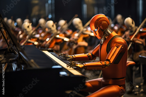 A stage illuminated by robotic musicians, each instrument played with precision, weaving a symphony that resonates the harmony of technology and melodious art. photo