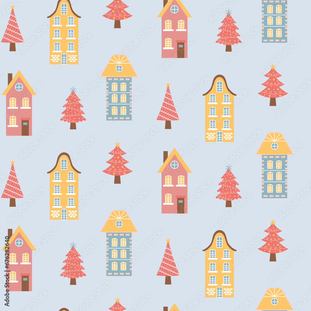 Scandinavian houses and pink Christmas trees seamless pattern. Perfect for cards, invitations, wallpaper, banners, kindergarten, baby shower, children room decoration. Scandinavian houses and pink Christmas trees seamless pattern. Perfect for cards, invitations, wallpaper, banners, kindergarten, baby shower, children room decoration.