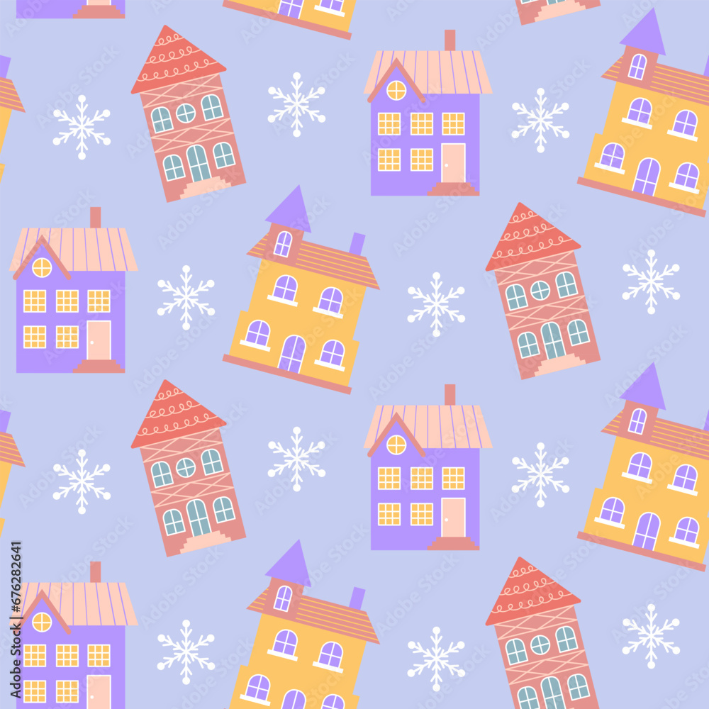 Scandinavian houses and snowflakes seamless pattern. Perfect for cards, invitations, wallpaper, banners, kindergarten, baby shower, children room decoration. Scandinavian houses and snowflakes seamless pattern. Perfect for cards, invitations, wallpaper, banners, kindergarten, baby shower, children room decoration.