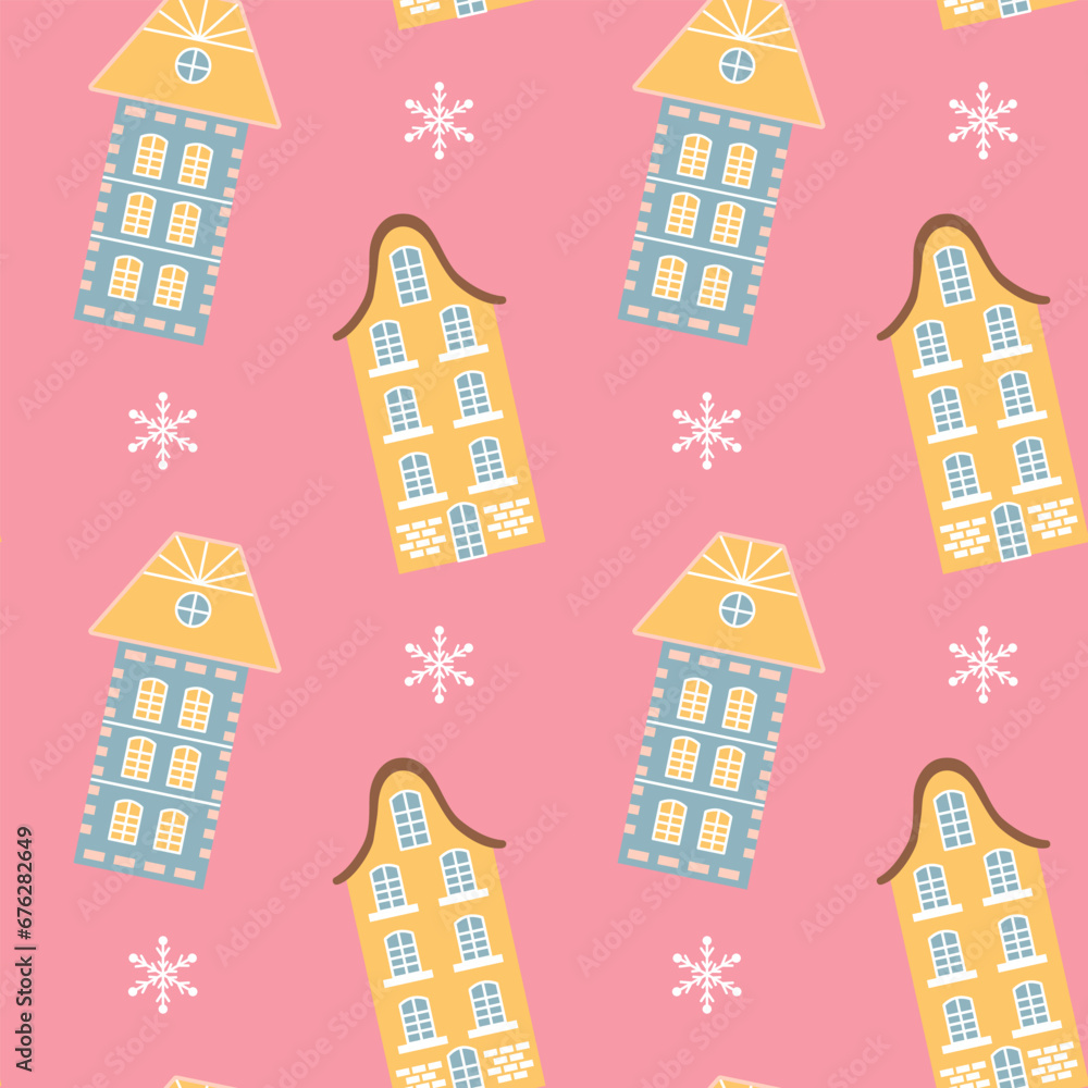 Scandinavian houses and snowflakes pink seamless pattern. Perfect for cards, invitations, wallpaper, banners, kindergarten, baby shower, children room decoration.