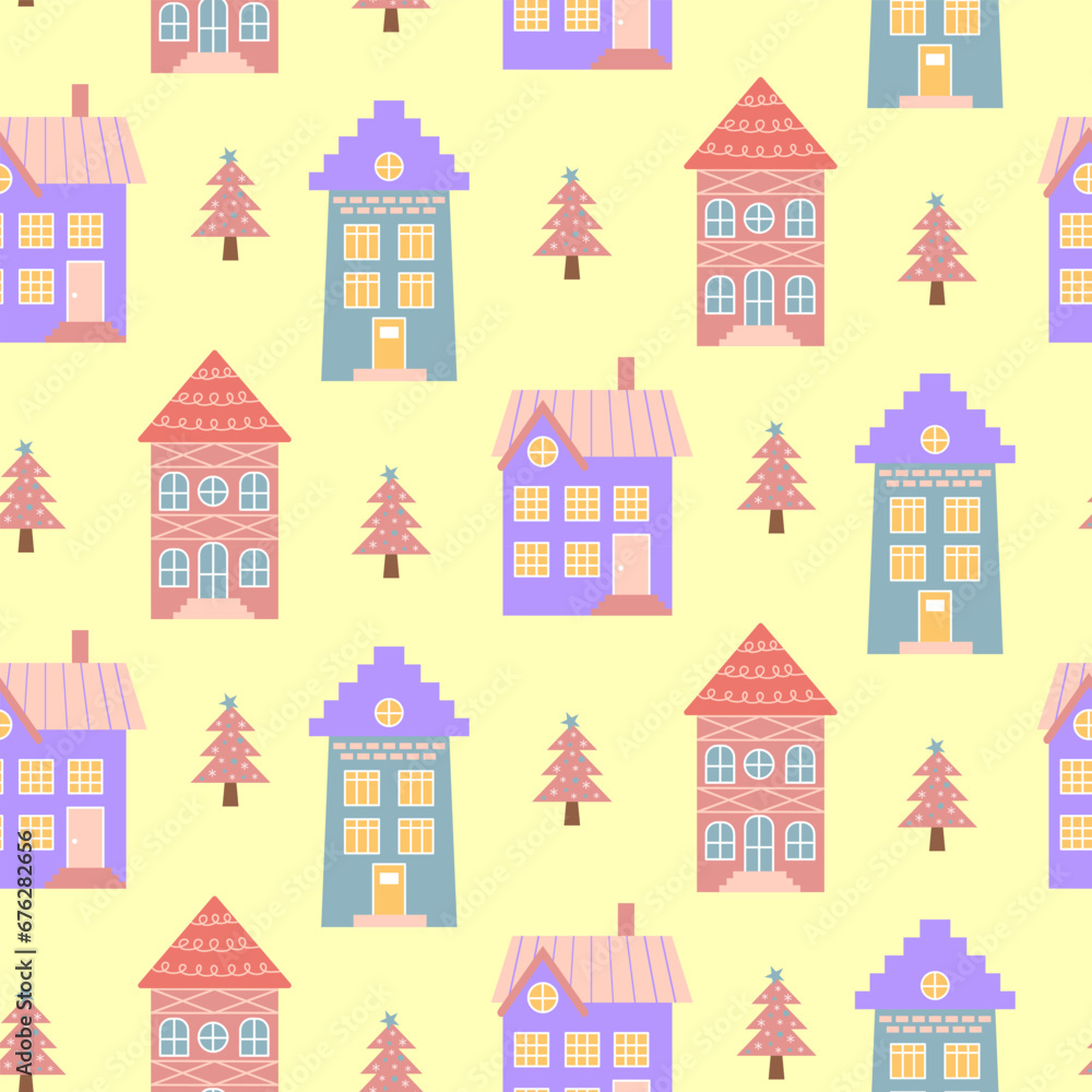 Scandinavian houses and pink Christmas trees seamless pattern. Perfect for cards, invitations, wallpaper, banners, kindergarten, baby shower, children room decoration.