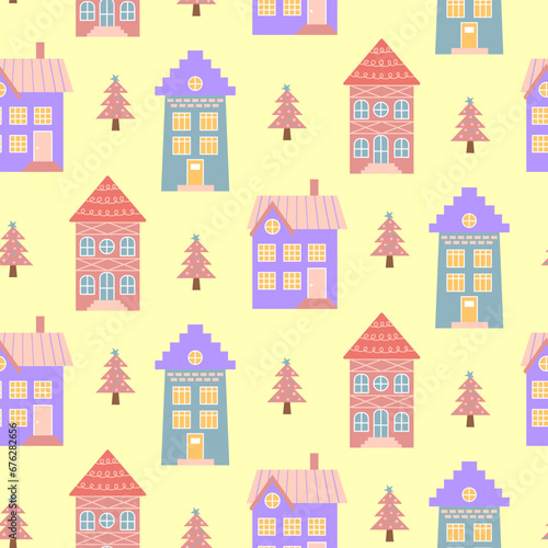 Scandinavian houses and pink Christmas trees seamless pattern. Perfect for cards  invitations  wallpaper  banners  kindergarten  baby shower  children room decoration.