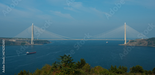 Fototapeta Naklejka Na Ścianę i Meble -  Istanbul 3rd Bosphorus Bridge from Yoros Hill. Istanbul's touristic viewing hills. The junction of the continents of Asia and Europe. 