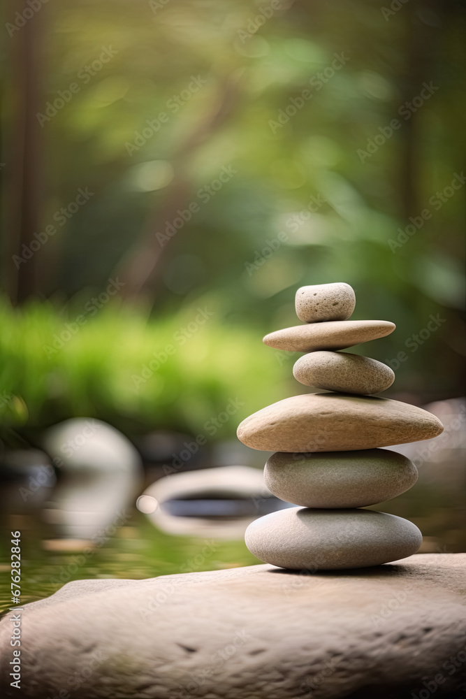 Balancing pebble stones background. Calm mediation and relaxation in Zen garden. 
