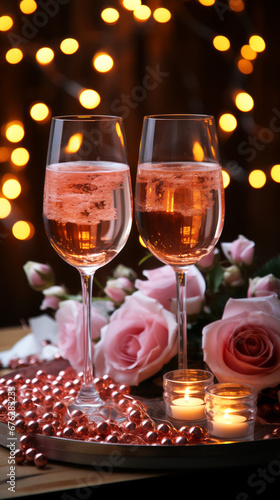 Two glasses of champagne on the table bokeh background.