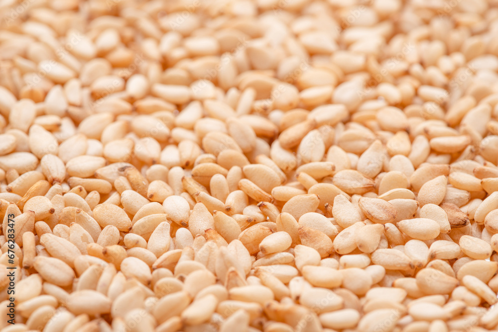 White sesame seeds closeup. Food background. White sesame seeds closeup. Food background.