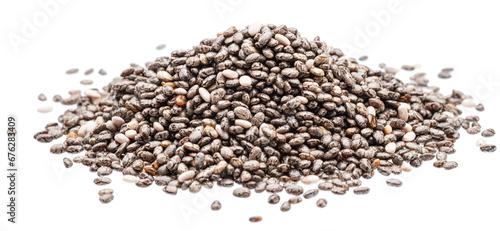 Heap of chia seeds isolated on white background. Top view.