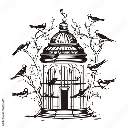 cage, birdcage, bird, isolated, vintage, freedom, prison, empty, bird cage, open, white, gold, metal, antique, jail, silhouette, old, vector, illustration, lock, trapped, 3d, tree, door, animal
