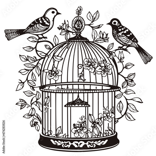 cage, birdcage, bird, isolated, vintage, freedom, prison, empty, bird cage, open, white, gold, metal, antique, jail, silhouette, old, vector, illustration, lock, trapped, 3d, tree, door, animal
