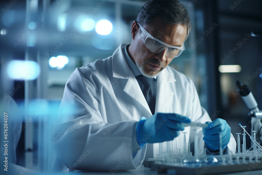 One mixed race male scientist wearing safety goggles and a labcoat while conducting a medical research experiment with pipette and test tubes in a lab, Recording his findings for future investigation One mixed race male scientist wearing safety goggles and a labcoat while conducting a medical research experiment with pipette and test tubes in a lab, Recording his findings for future investigation