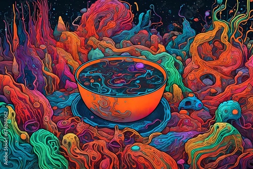 Neon liquid creatures emerging from a colorful primordial soup in an abstract origin story