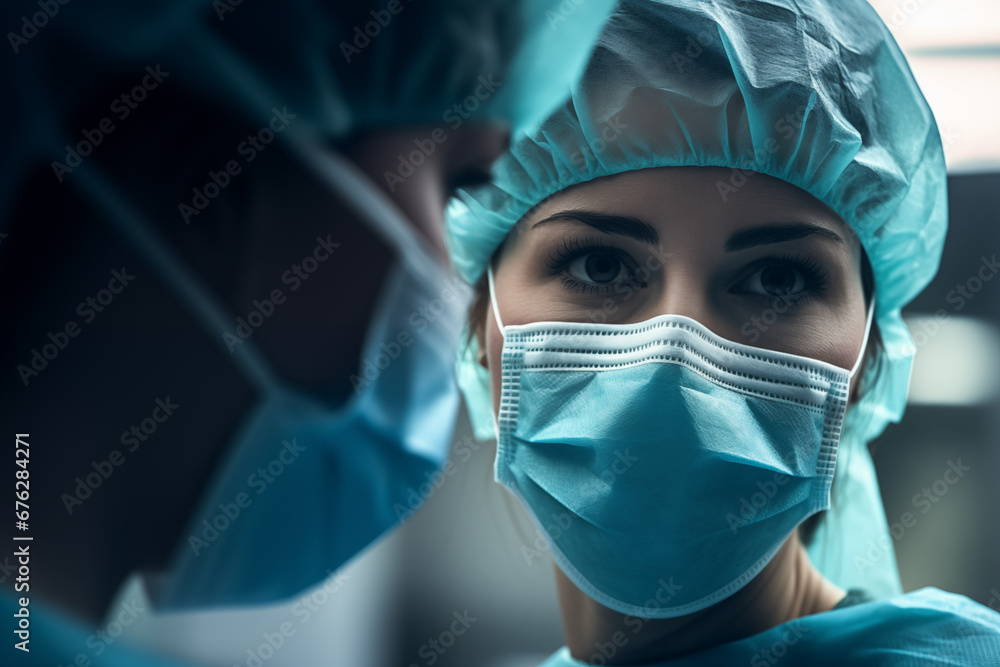Young female surgeons in surgical mask