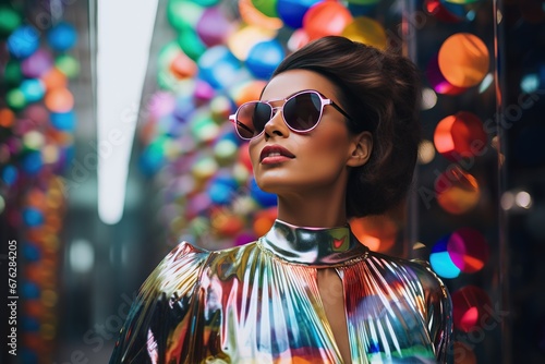 A woman wearing sunglasses and a dress stands next to clear colored background, in the style of futuristic glam, bokeh, bright color block.