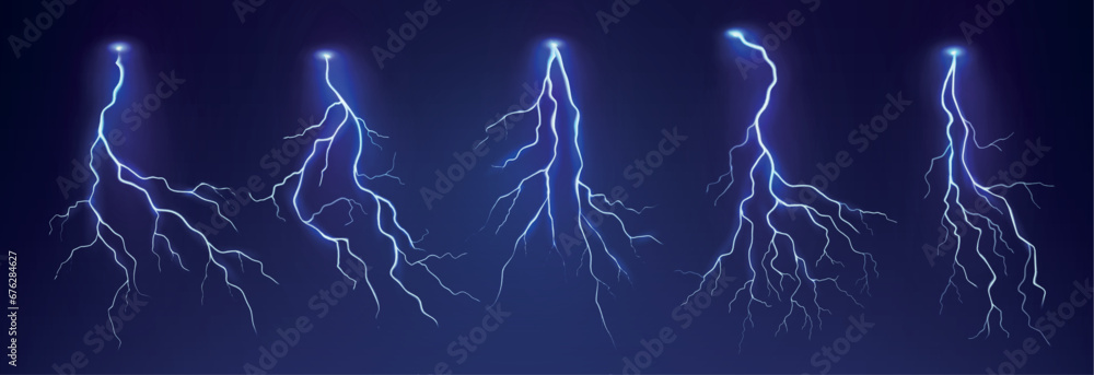 Thunder lighting. Electric storm strike, thunderbolt rays, blue light, spark and bolt in night sky. Realistic isolated glowing elements. Thunderstorm weather, night sky. Vector exact background Thunder lighting. Electric storm strike, thunderbolt rays, blue light, spark and bolt in night sky. Realistic isolated glowing elements. Thunderstorm weather, night sky. Vector exact background