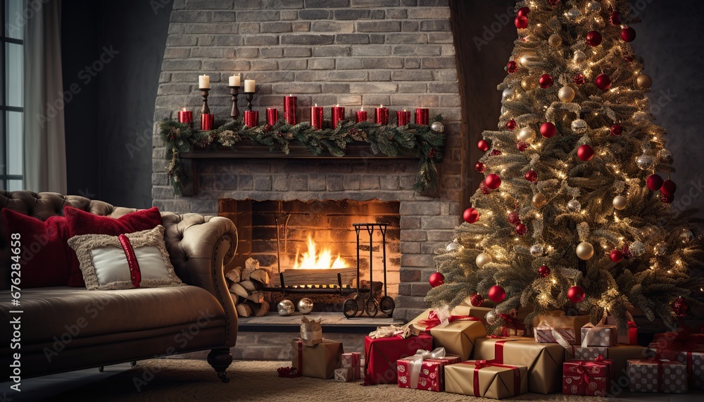 Casa creativa y elegante, Navidad y Año Nuevo design. Fondo de pino de Navidad y chimenea en el interior del salon.