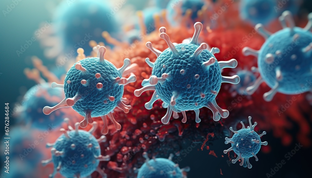 Naklejka premium Microbacterias y organismos bacterianos. Fondo de biología y ciencia. Imagen microscópica de un virus o célula infecciosa.