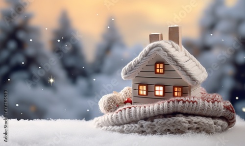 Small Figure of house with knitted scarf against blurred bokeh lights, symbol for heating system or cold snowy winter. Heating season, warm up, home heating, money and energy saving concept