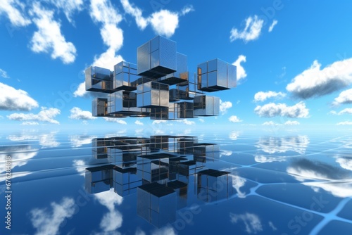 Defying Gravity: Interconnected Cubes Emblazoned with Circuitry Dance Across the Sky