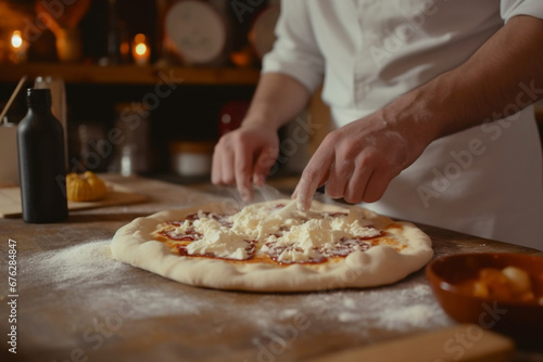 Man’s Hands Putting Mozzarella Cheese On A Pizza