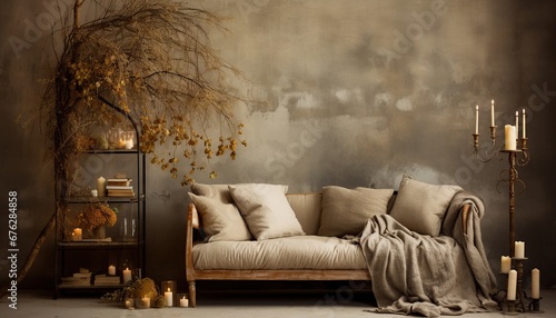 Diseño interior de sala de estar con espacio de copia. Pared vacía. Decoración interior minimalista en tonos cálidos, estilo otoño e invierno. Sofá y muebles de madera.