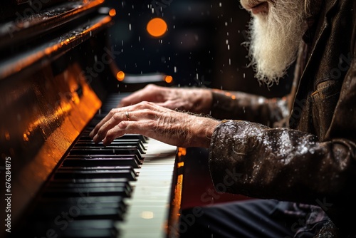 Música triste de piano. Anciano tocando una canción de piano en un lugar oscuro.