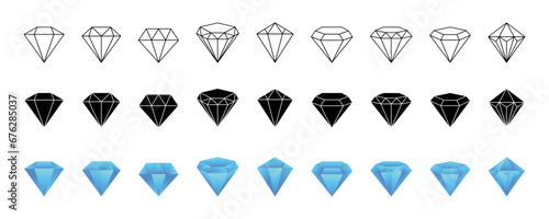 Diamond logo. Precious gemstone icon. Black outline silhouette shape. Pictogram of treasure crystal. Brilliant gem carat. Expensive jewelry. Purity of faceted jewel stone. Vector garish symbols set