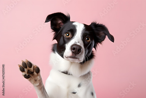 Border Collie dog waving raised paw in front of pink studio background