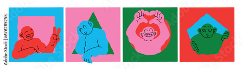 Abstract characters. Modern figures. Graphic icons. Cartoon geometric human and creature. Happy strange doodles. Person looking through window. Smiling funny faces. Bright colors. Vector banners set