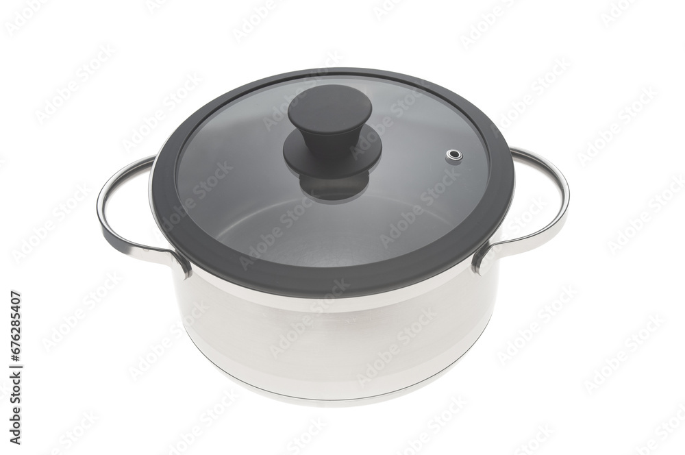 Stainless saucepan with glass lid closeup isolated on white background Stainless saucepan with glass lid closeup isolated on white background