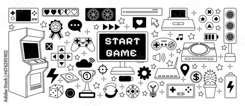 Video game icons. Outline doodle control joystick. Retro white gamer laptop. Black gamepad console and computer. Arcade machine. Computer playing. Gaming elements set. Vector flat tidy illustration