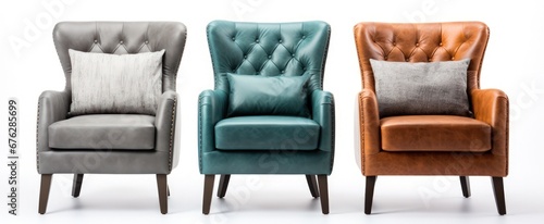 Set of Classic three armchair and three color art deco style in turquoise velvet with wood legs isolated on white background 