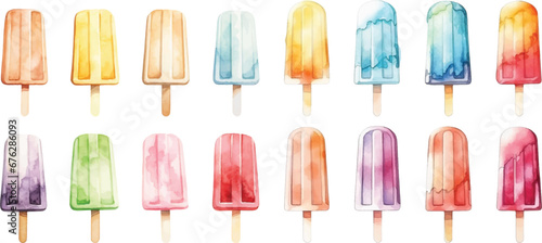 Set of watercolor ice cream sticks on white background.