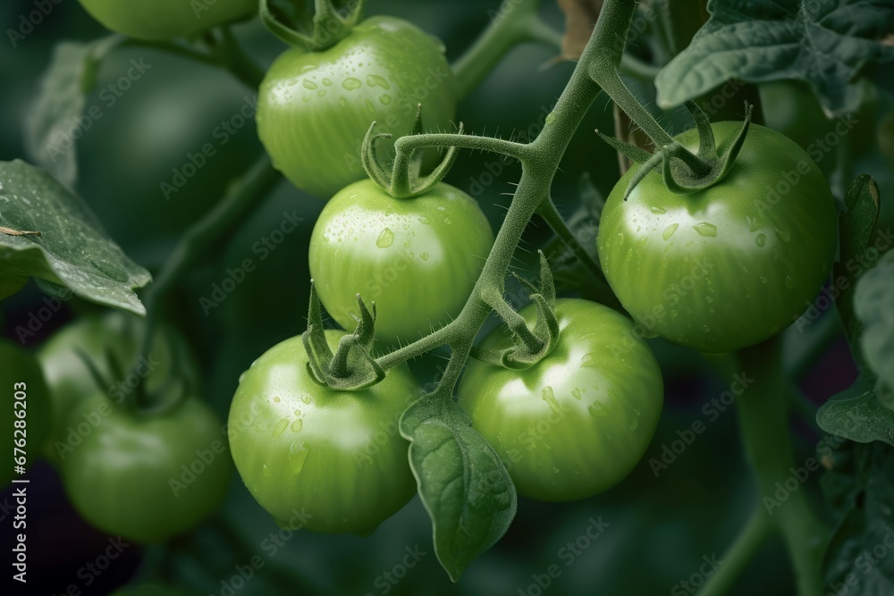 Green bunch tomatoes. Leaf nature harvest tomato bushes. Generate Ai