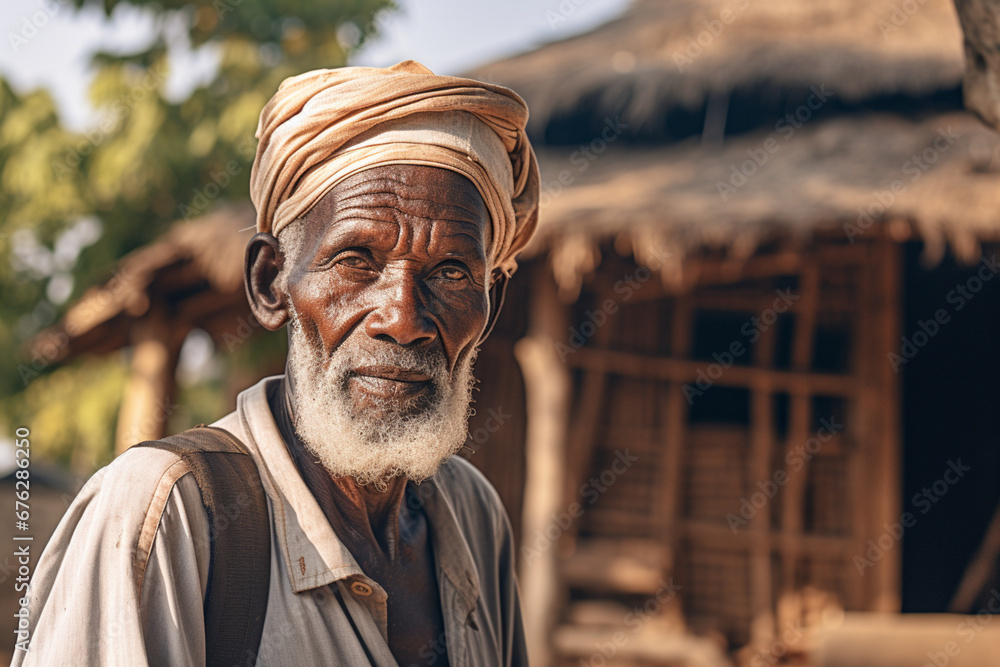old african man in front of the house in an african village old african man in front of the house in an african village