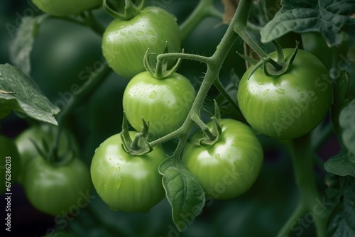 Green bunch tomatoes. Leaf nature harvest tomato bushes. Generate Ai