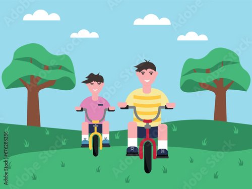 Father and son ride a bicycle in the park. cycling. fathers day. Boys ride a bicycle. Outdoor recreation. Parent and child walk together. A fun activity for dad and child.