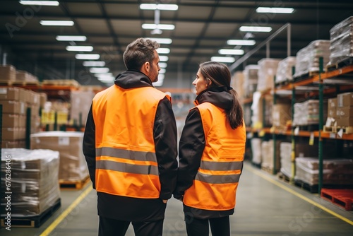 two people wearing safety jackets in the warehouse. warehouse area. For may day and presentation background