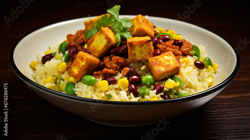 Rice with fried diced tofu Edamame sweetcorn