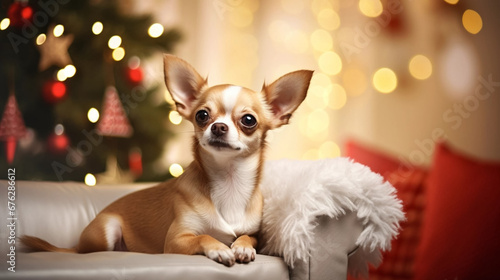 copy space, stockphoto, copy space, stockphoto, cute Chihuahua dog sleeping on the sofa in a exquisit cozy christmas decorated living room. Christmas decoration. Background for greeting card, invitat