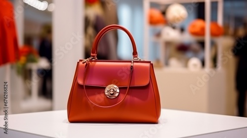 red shopping bag on the table, Shop style elegance female store stylish sale fashionable luxury bag leather accessory, Ai Generate 