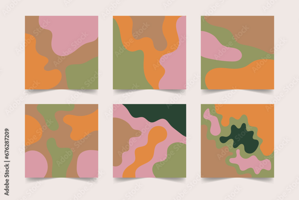 Set aesthetic backgrounds with hand drawn various shapes and doodles. Earthy pastel colors. Collection square template for social media posts. Modern contemporary trendy vector illustration
