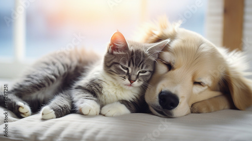 A dog and a cat are sleeping on the bed.