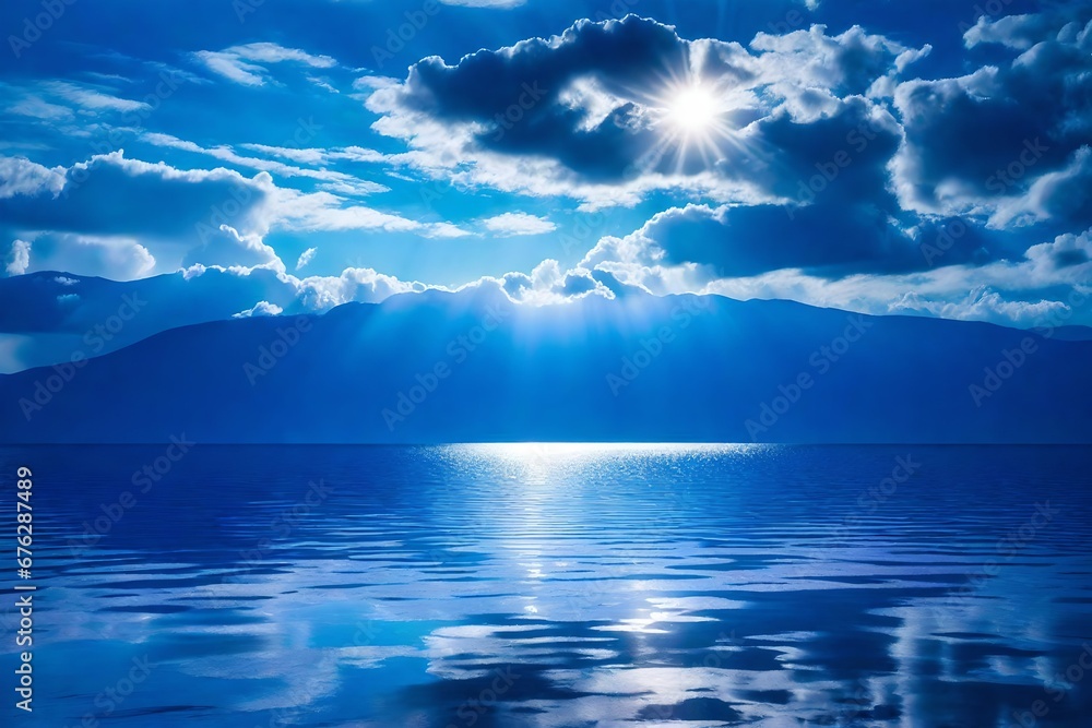 A radiant liquid sunburst in a sky of liquid lavender, framed by deep oceanic blues.