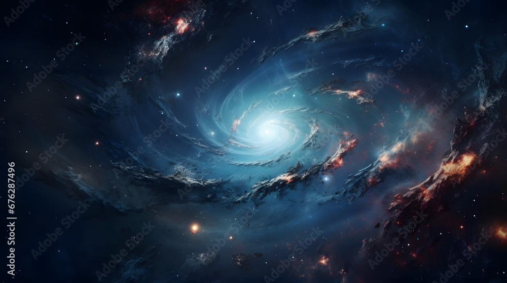 A view from space to a spiral galaxy and stars. Universe filled with stars, nebula and galaxy. Generative Ai.