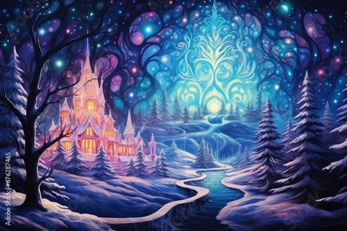 surreal fantasy art with a magical castle, colorful lights in the sky and snow covered trees