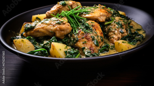 Roasted chicken thighs with gnocchi and spinach