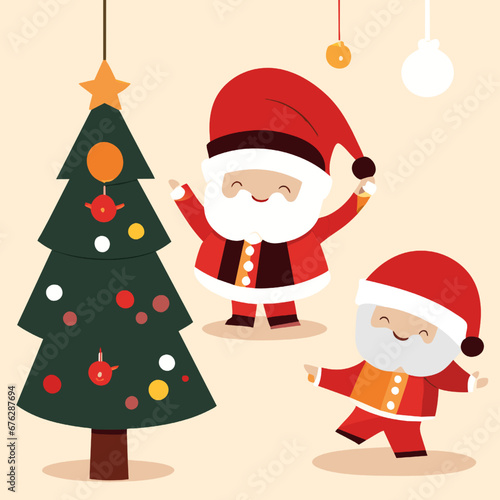 Merry Christmas and Happy New Year. Cute cartoon Santa Claus and elf. Vector illustration